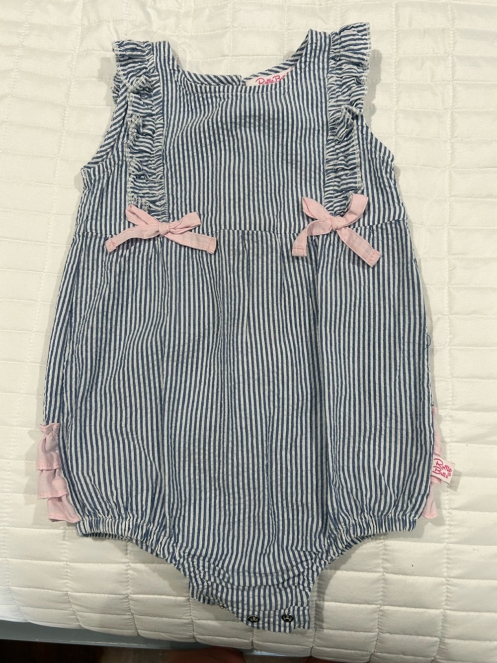Ruffle Butts Blue and White Pinstripe Baby Girl Bubble with Pink Bows